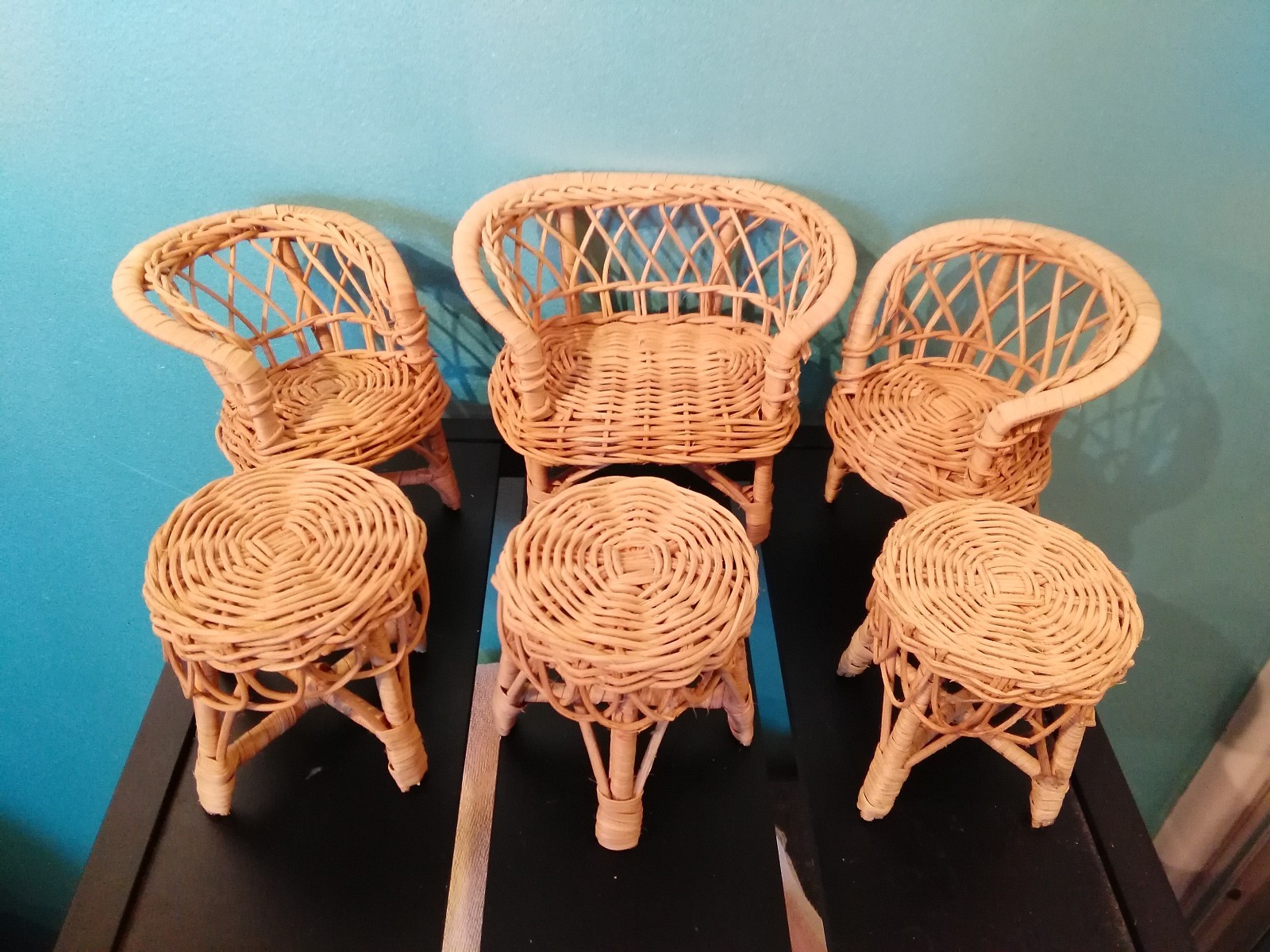 6 Pieces Vintage Barbie Doll Rattan Wicker Woven Furniture Chairs Loveseat Table
