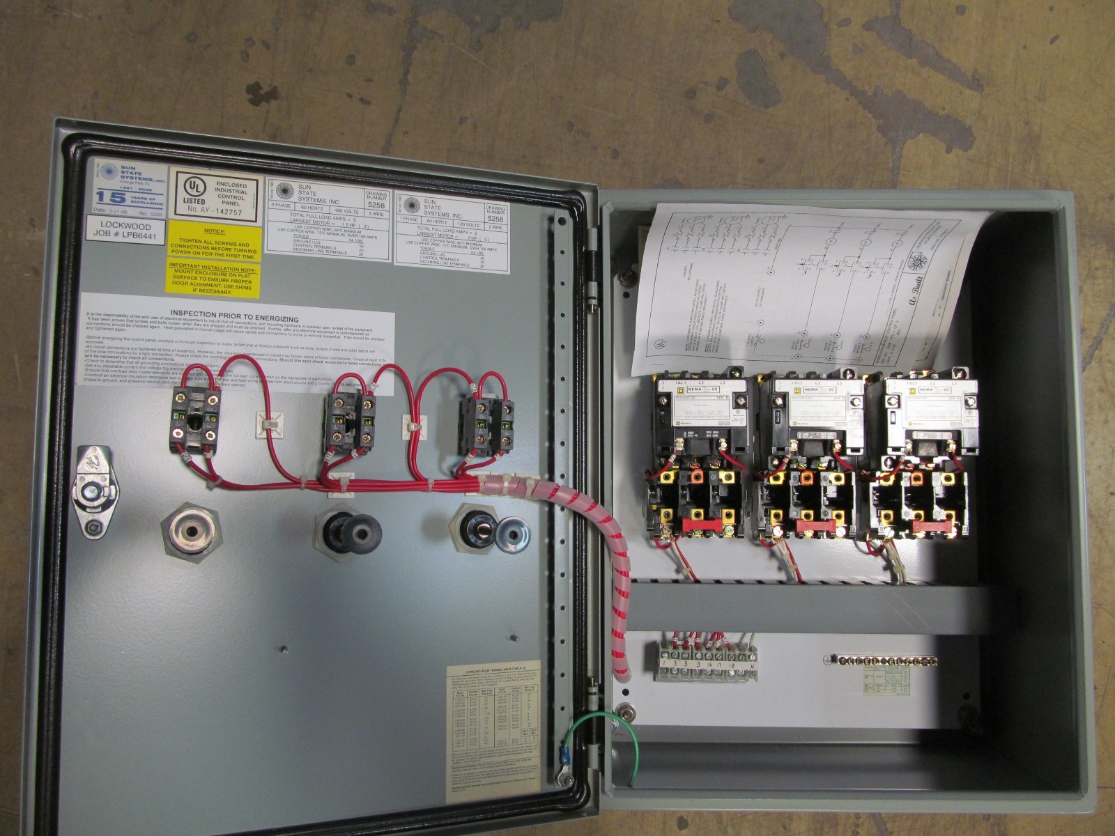 Pump Control Panel 3 PH 480V 15 amp 1.5 HP motor Lockwood Motor Starter Panel