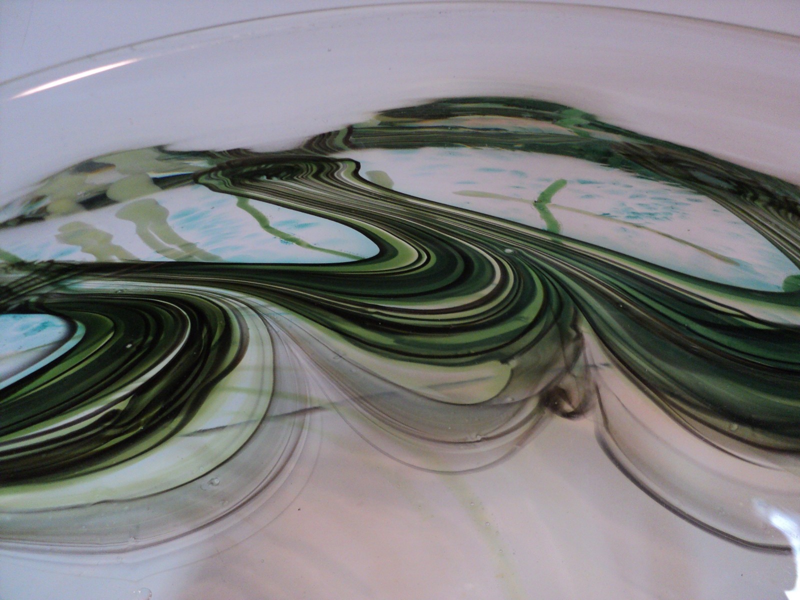 Large Hand Blown Glass Bowl. Free State Studios Kansas. Heavy, Clear & Green