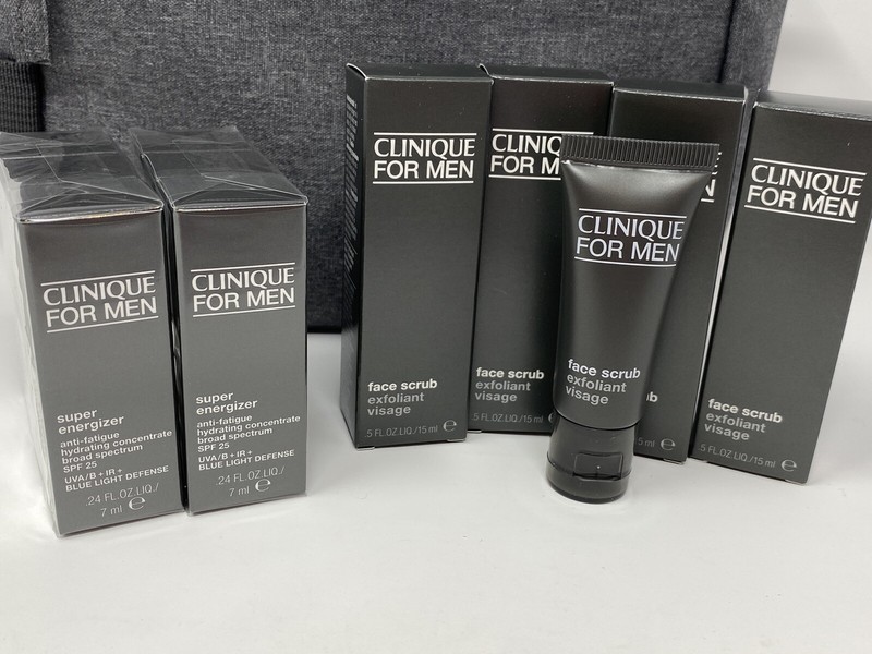 Clinique Men 6 Super Energizer in box &6 Face Scrub w box Plus Gray Dopp Bag NEW