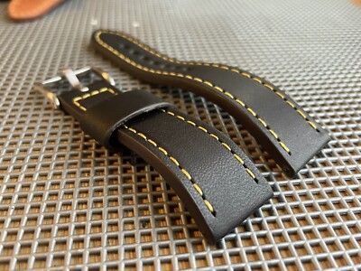 22mm BLACK Full Grain Italian leather Strap watch YELLOW Open Stitch