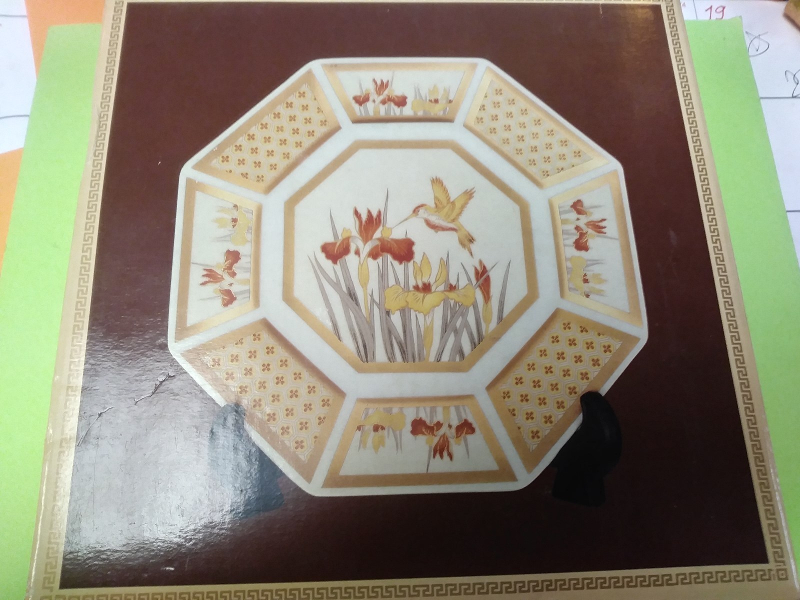 GOLDEN BROCADE HUMMINGBIRD CHINA OCTAGON PLATE
