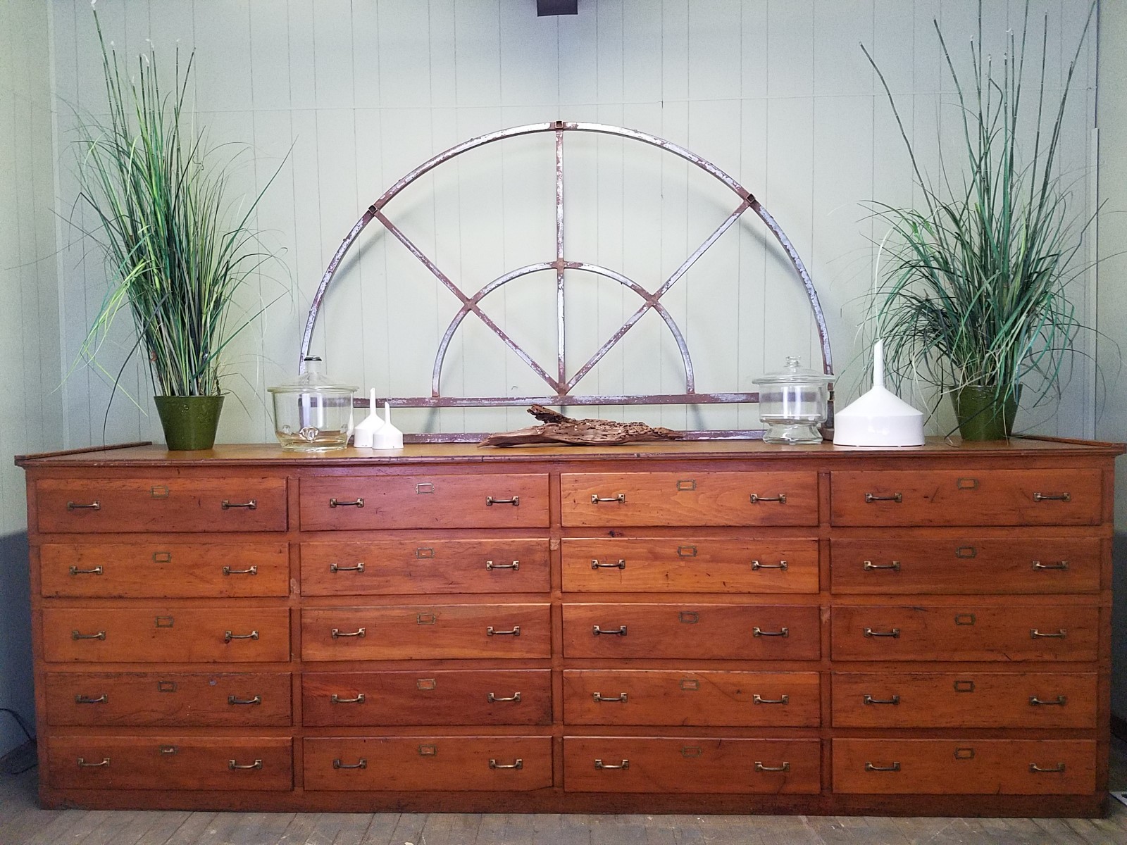 Large 11 Ft Antique Industrial Twenty Drawer Merchantile Cabinet