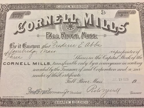Cornell Mills Fall River Massachusetts Stock Certificate 3 Shares 1929 Antique