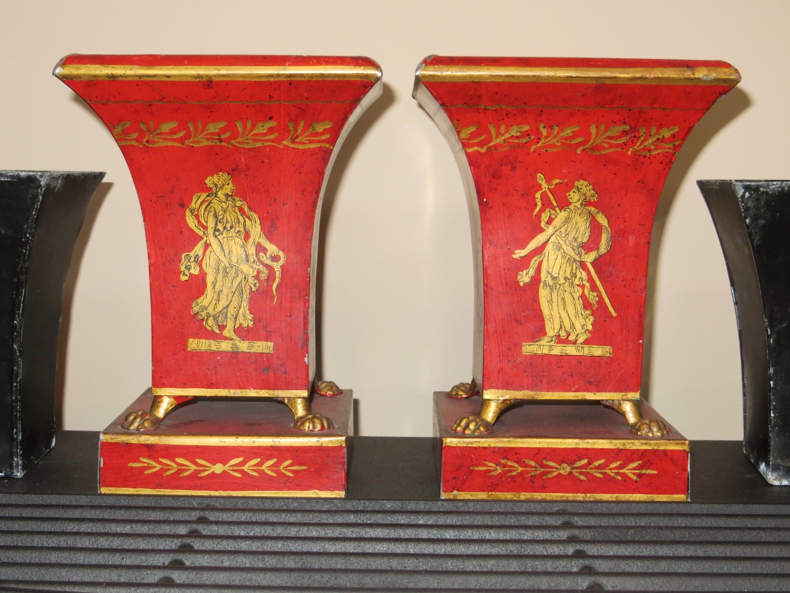 RARE Vintage Toleware Red & Gold Urns with Inserts  Italian or French?$$LOWERED