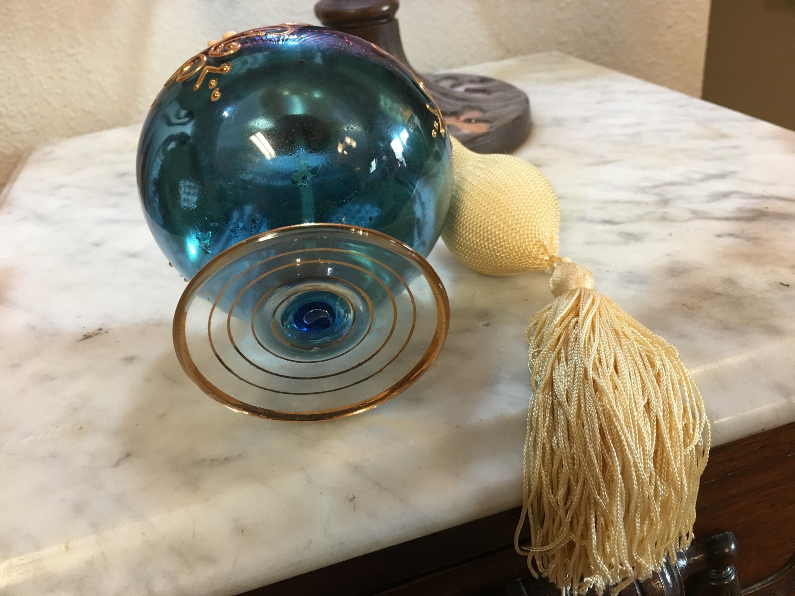 Victorian Blue Atomizer Perfume Bottle White,Green,Gold Enamel Flowers 6.5