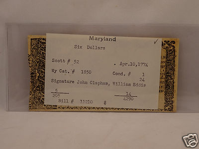 Fine 242 year old COLONIAL CURRENCY NOTE $6 April 10, 1774 - MARYLAND