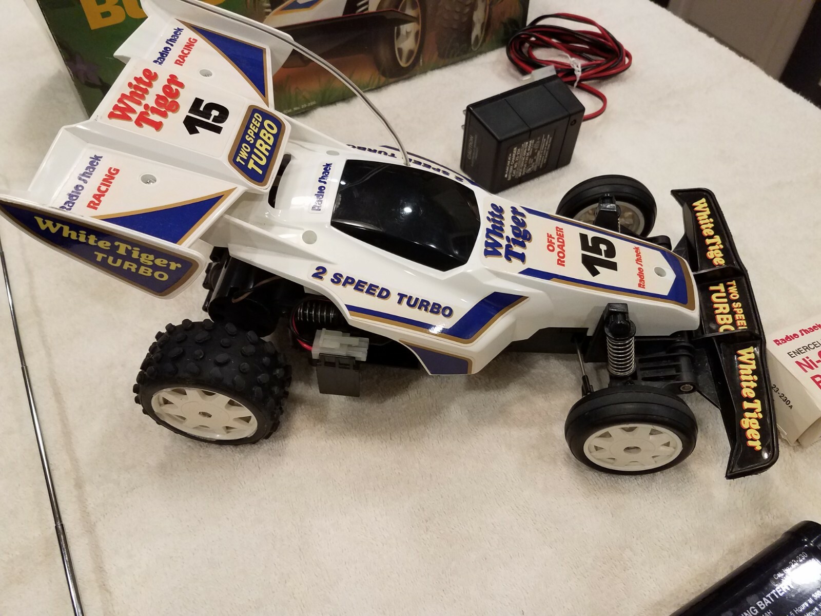 Radio Shack White Tiger Vintage RC Car, Transmitter, Box, Batteries, Runs Great