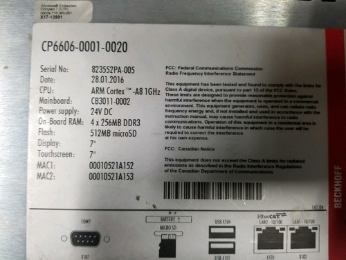 Beckhoff CP6606-0001-0020 HMI Operator Interface Touchscreen Panel, 7