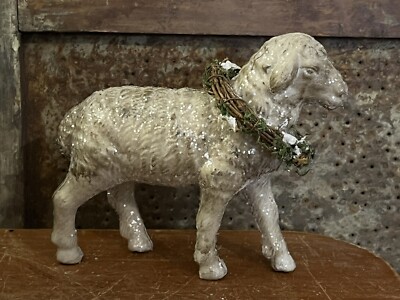 Primitive Colonial Christmas 6'' long Putz Style Sheep with Snowy Wreath New
