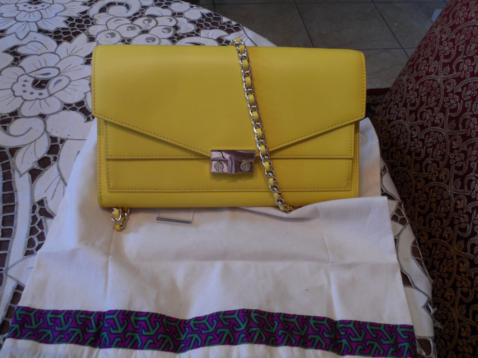 New Tory Burch Yellow Saffiano Leather T-Lock Clutch