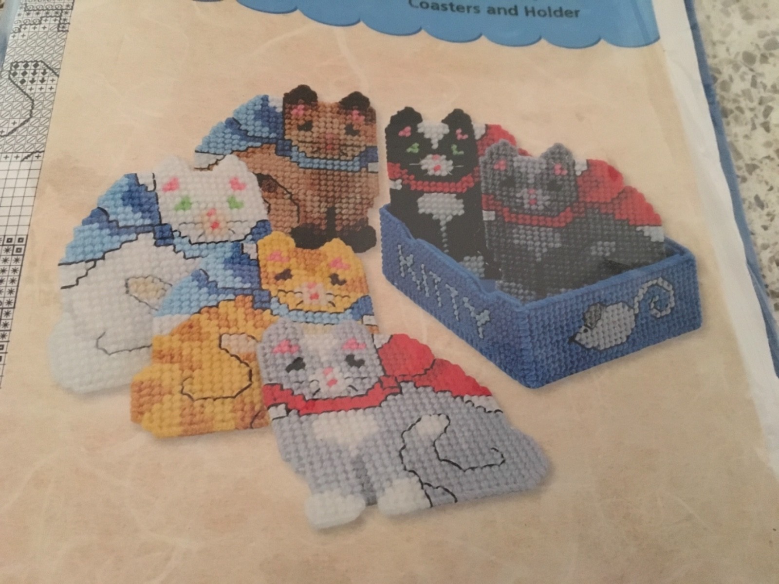 NEW CRAFTWAYS KITTEN COASTERS & HOLDER PLASTIC CANVAS KIT 6 ADORABLE 4” CATS NIP