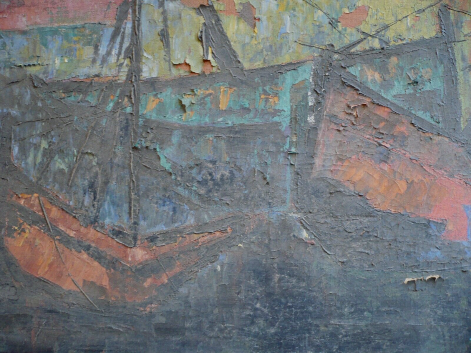 MYSTERY OLD ART - NEEDS RESTORATION, MODERN SEMI ABSTRACTION BOATS COLORFUL OIL