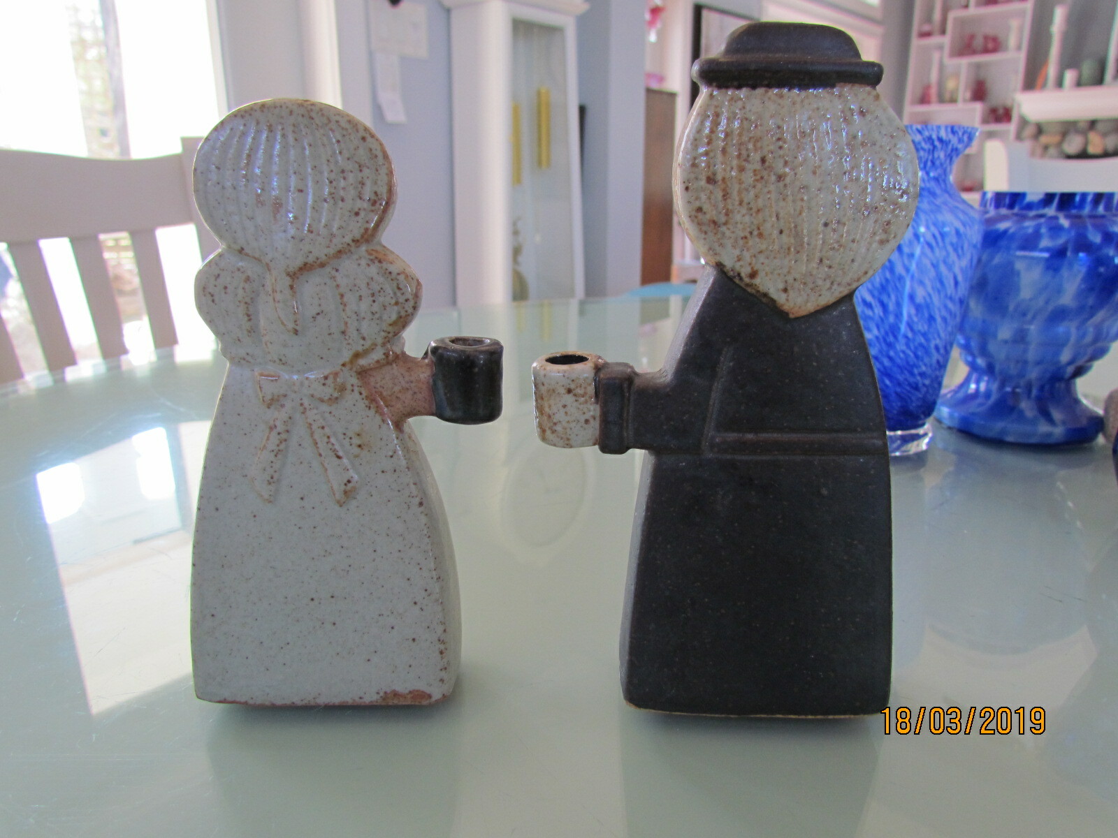 6 inch Pottery Thanksgiving Pilgrim Quaker Man Woman Candle Holders