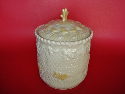 1960's Vintage Belleek Shell & Coral Porcelain Cookie Biscuit Jar - Green stamp