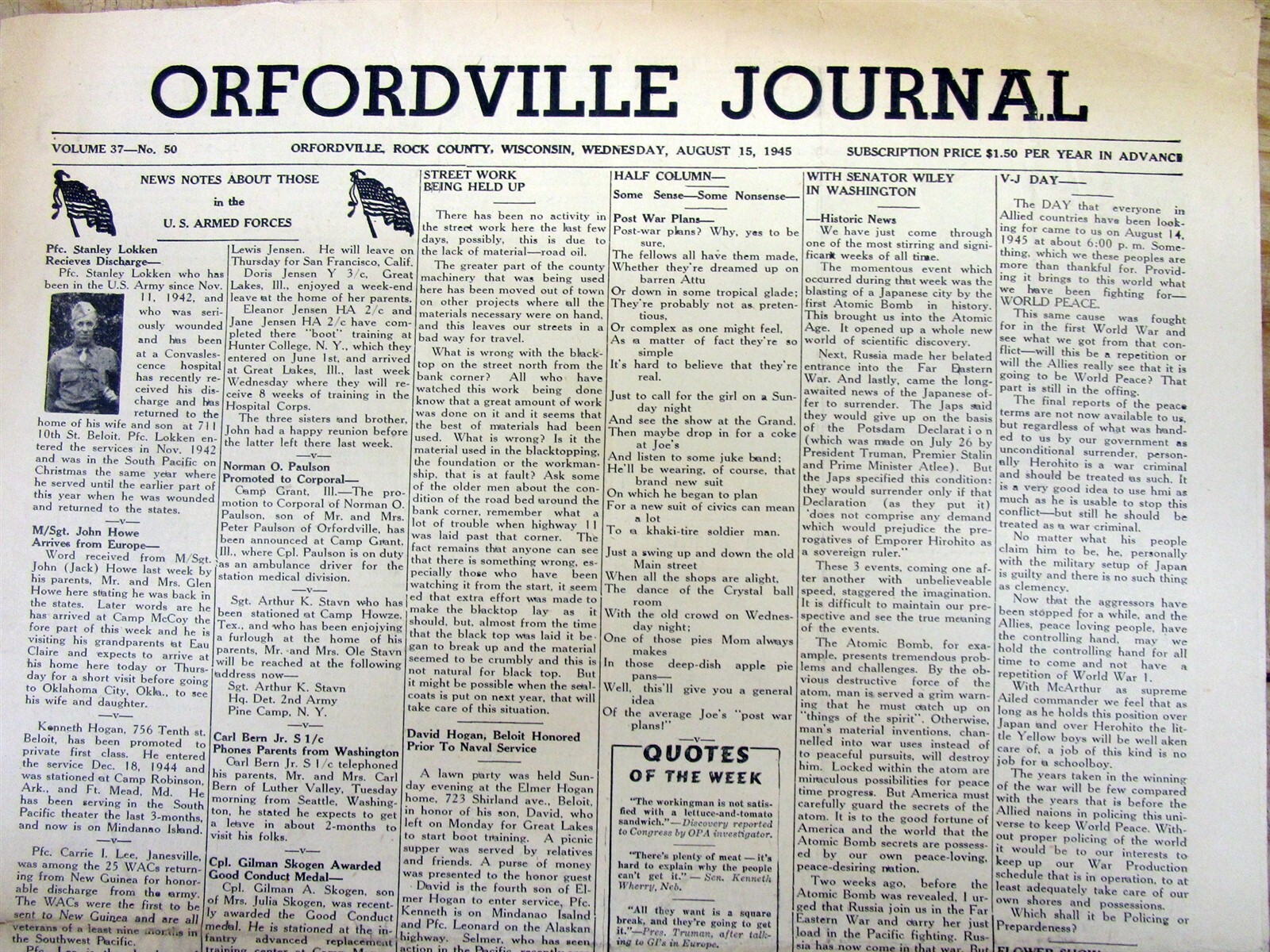 8-15-1945 WW II ENDS newspaper JAPAN SURRENDERS + Atom Bomb
