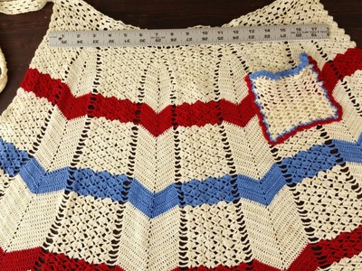 Vintage Apron Handmade Crocheted Half Waist Pocket Cream Horizontal Stripes