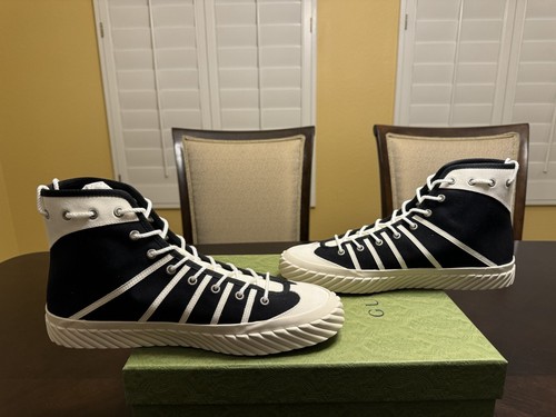 Pre-owned Gucci Gg Logo High Top Sneaker Shoes Black White Size Uk 12 / Us 12.5