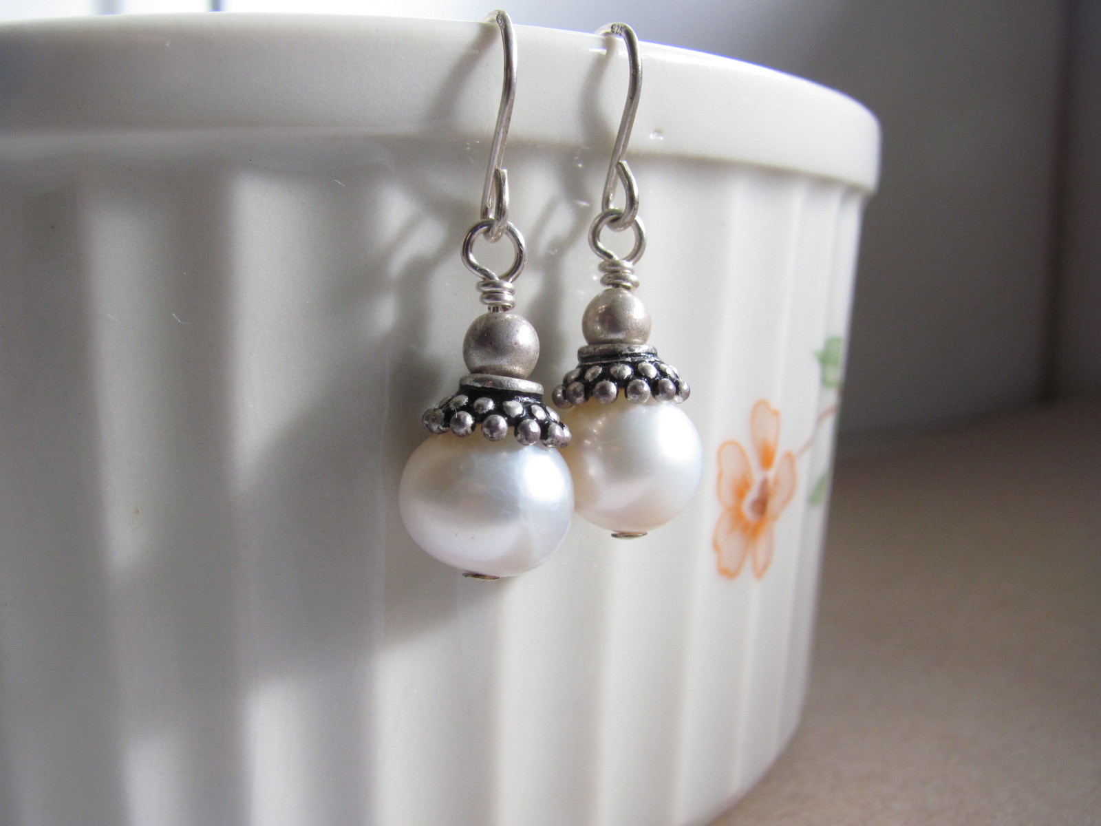 WHITE PEARL EARRINGS Sterling Silver Boho Bohemian Minimal Gift for Birthday