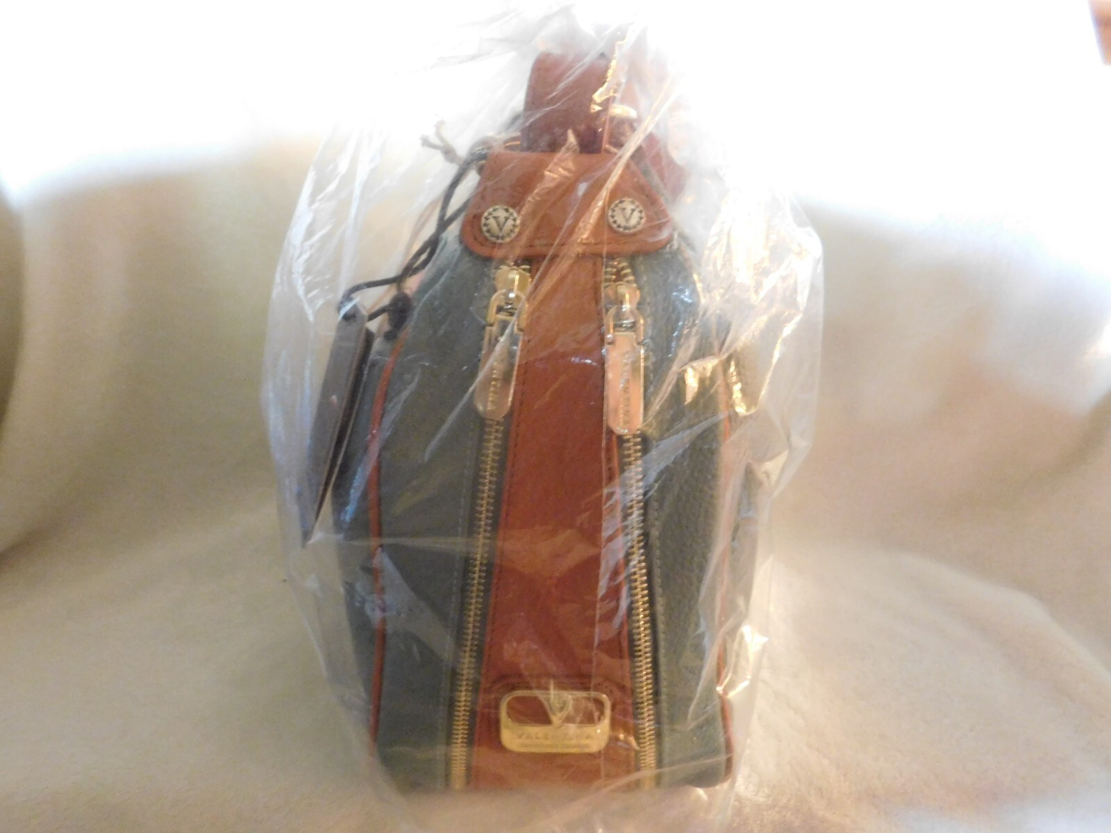 Valentina Italian Convertible Backpack Shoulder Bag Jade Green Cognac Trim NWT