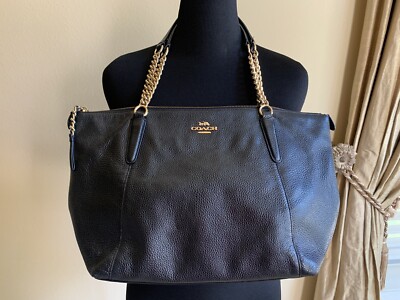 COACH F2221 Black Pebbled Leather AVA Chain Tote Shoulder Bag Gold