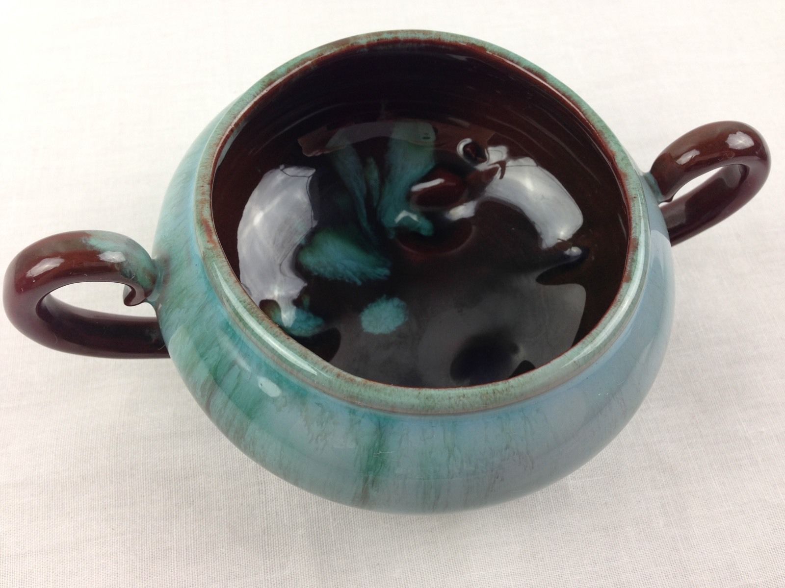 Canadian Ceramic Craft Rainbow Pottery Cream & Sugar Set Brown & Turquoise Glaze