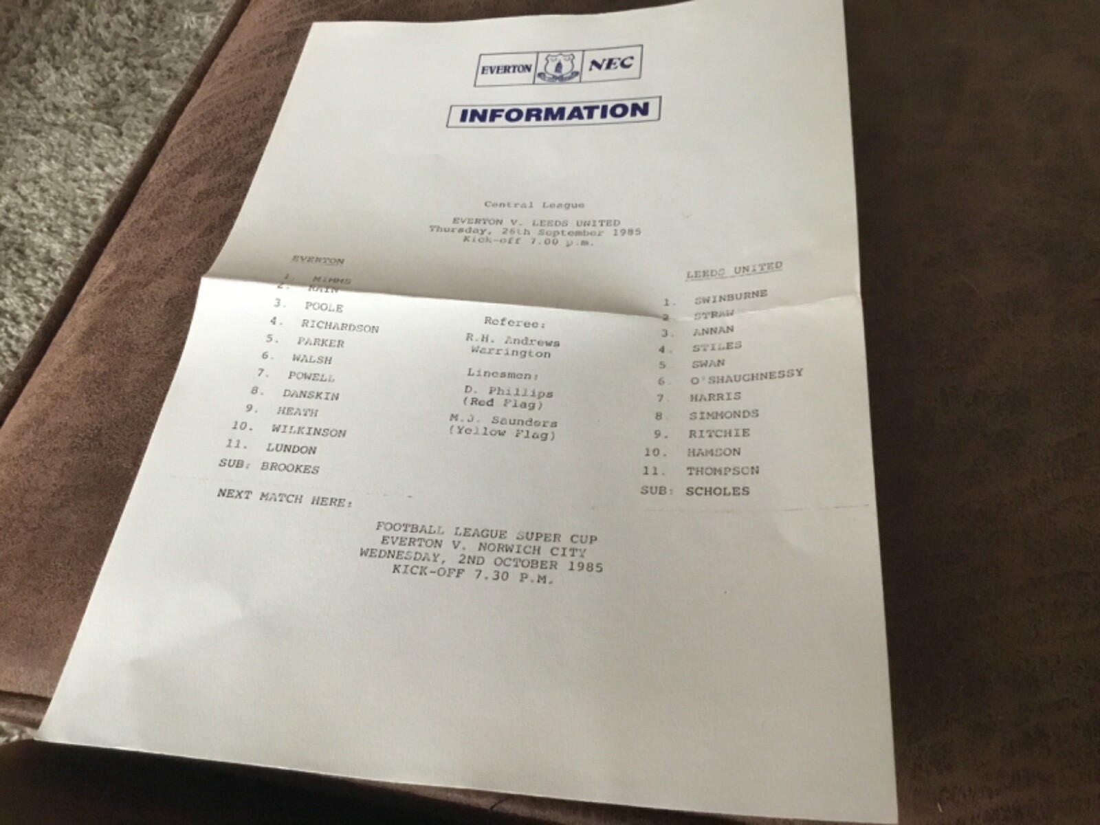 Everton v Leeds United reserves s/s programme 26/9/1985