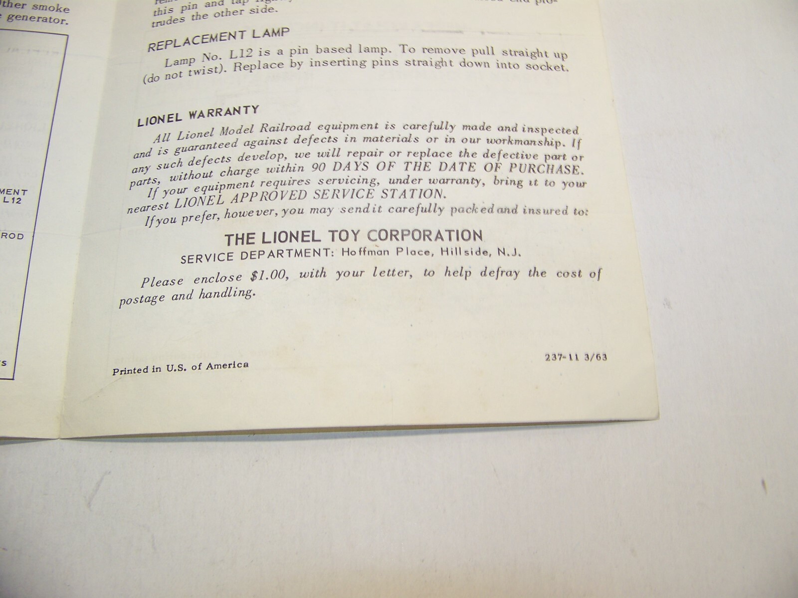 Lionel toy train original paper instruction sheet 237-11 3/63 90 day warranty