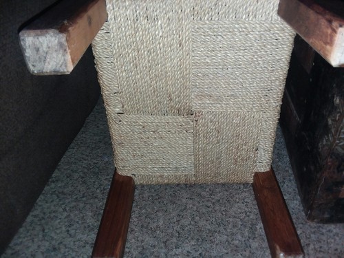 Vintage WICKER Rope Jute STOOL  mid century chair wooden wood foot bench rest
