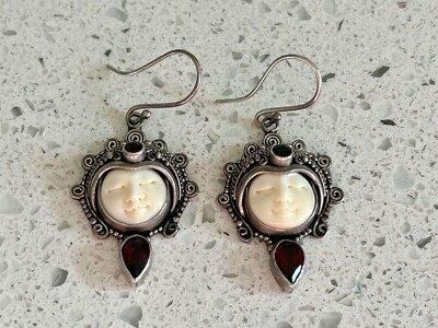 Sterling Silver 925 Carved Moon Face & Teardrop Ruby Pierced Earrings UNIQUE!