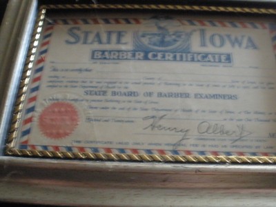VINTAGE BARBER SHOP WALL ART---IOWA LADY BARBER CERTIFICATE 1927 --- NO.94