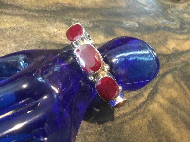Beautiful Natural Raw Ruby Cuff Bangle In 925 Sterling Silver