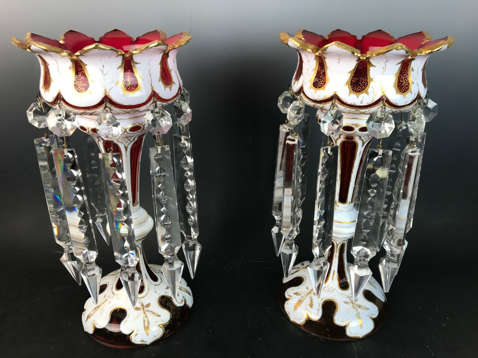 ANTIQUE BOHEMIAN MOSER OVERLAY CRANBERRY GLASS LUSTER PAIR MANTLE LUSTRES PRISMS