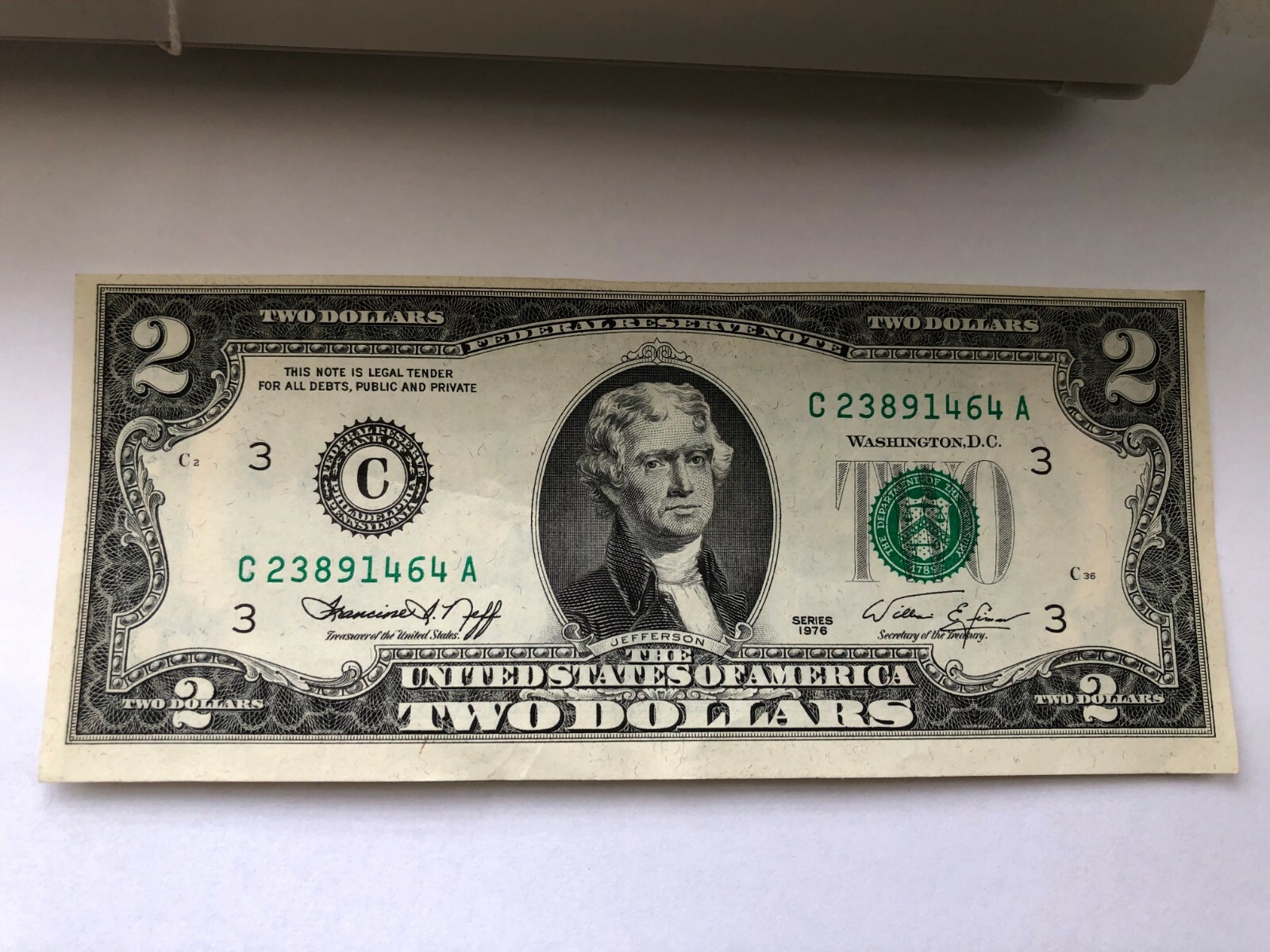 貴重　Made in U.S.A-2 1976 1976 $2.00 USD Bill Error Misaligned Green Seal Off Center