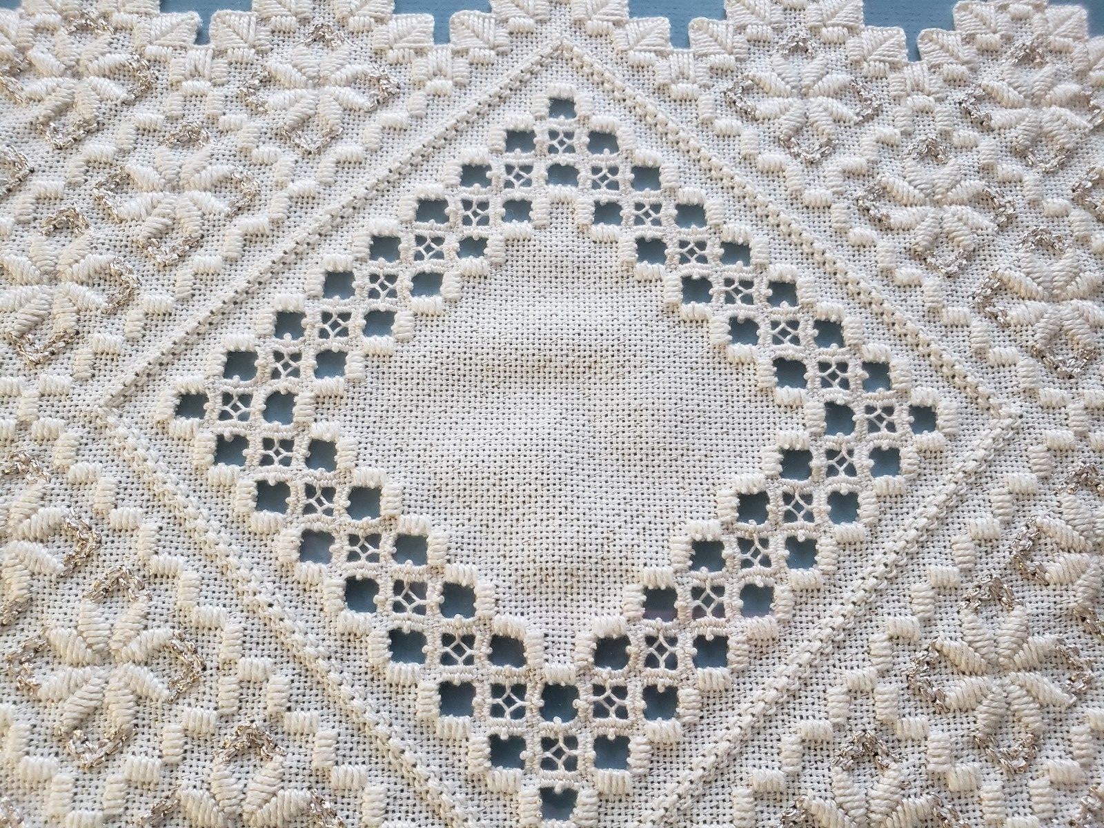 Hardanger Embroidery Runner with metallic thread FRAMED COMPLETED 16x12