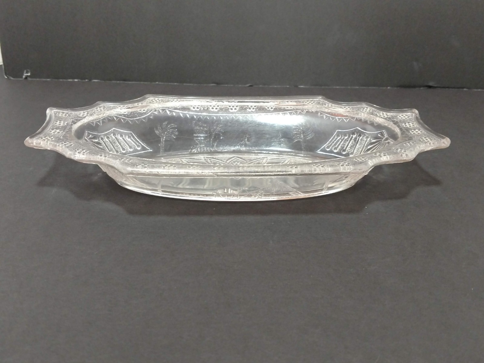 Antique Adams & Company Clear Glass Egyptian Parthenon Pattern Oblong Shape 1884