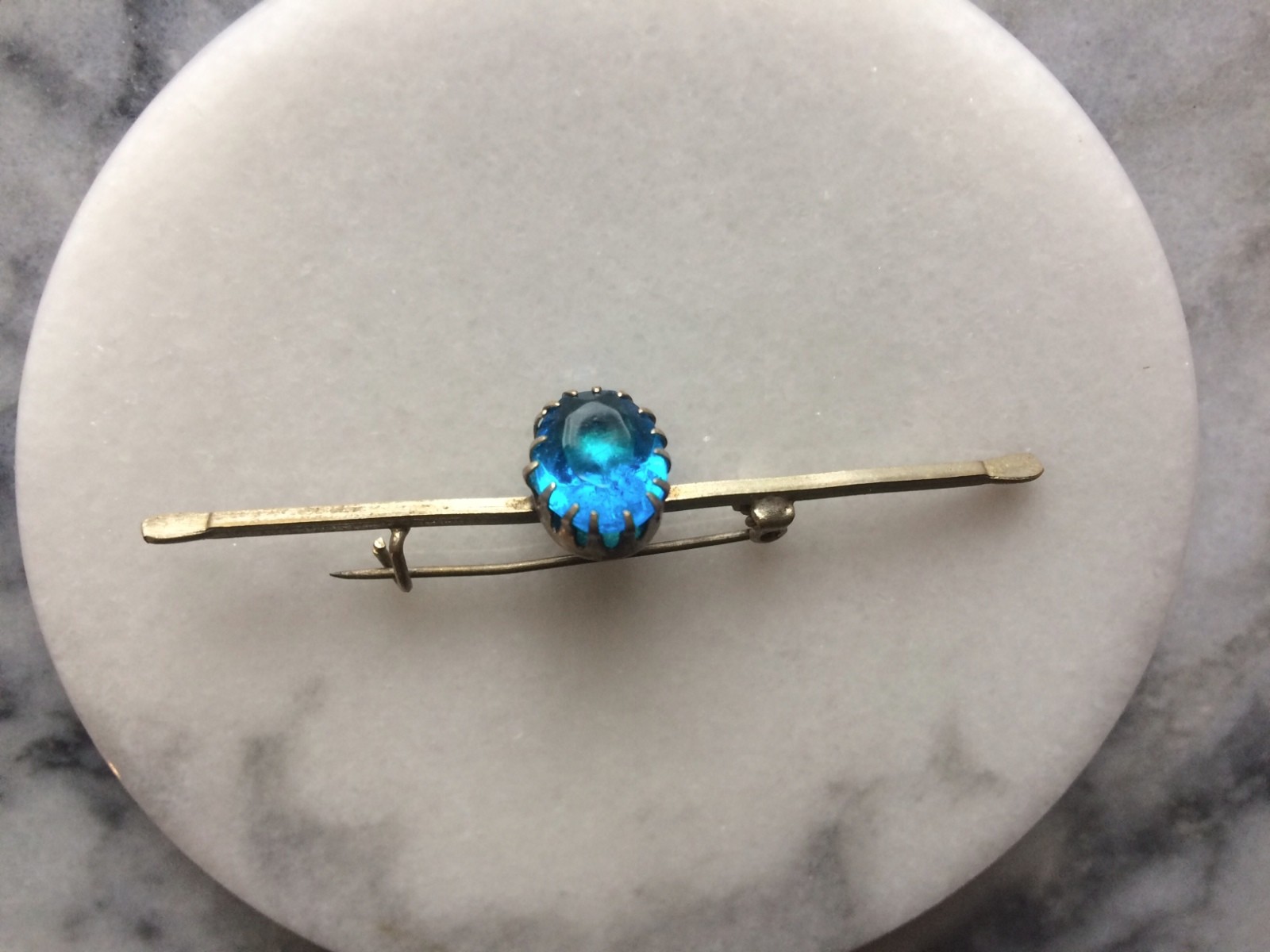 Antique Victorian Silver Oval Cut Blue Tourmaline Brooch C Hook OLD Bar Pin