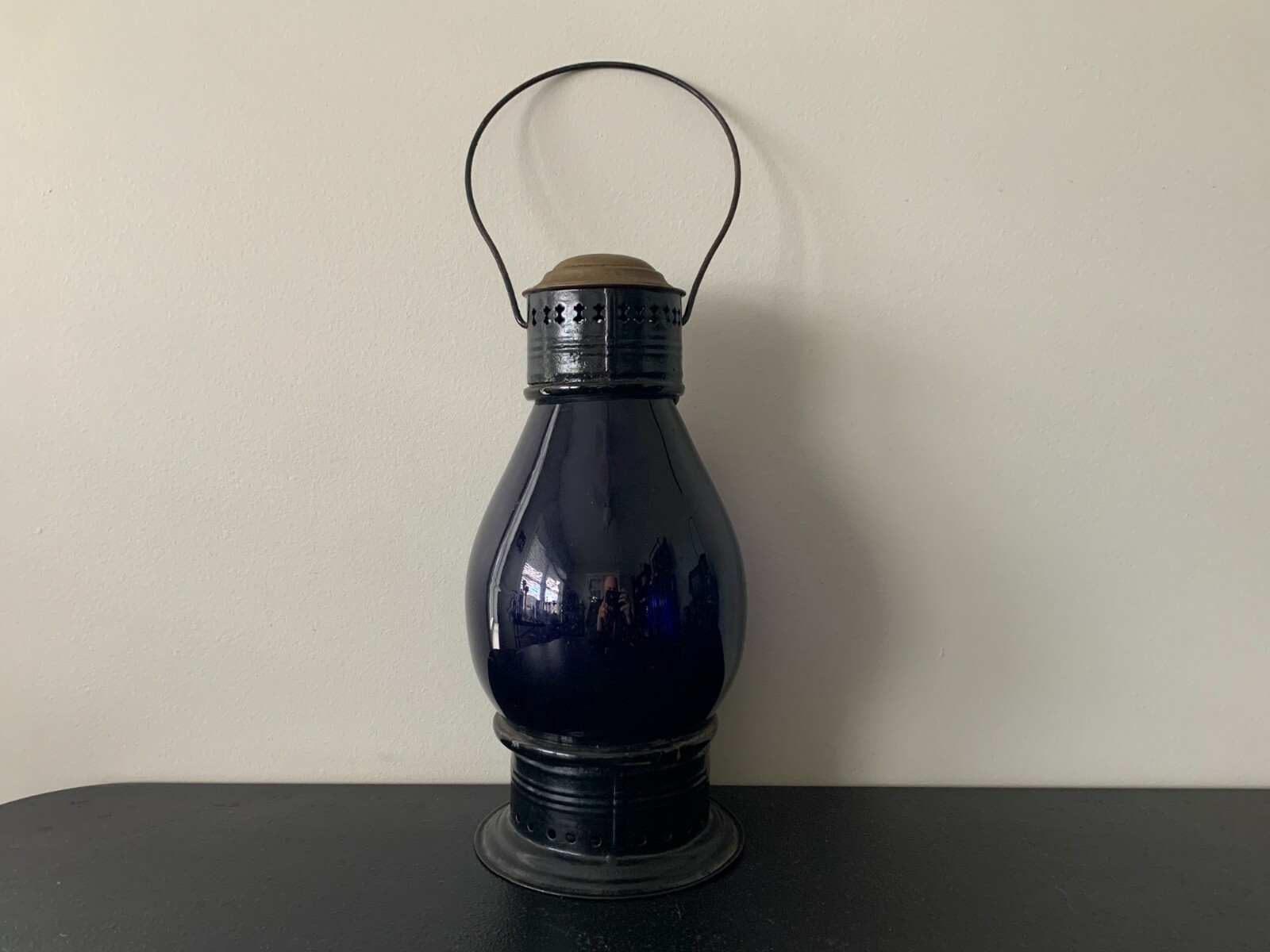 Antique Vintage BRASS TOP COBALT BLUE GLOBE Fixed Globe Railroad