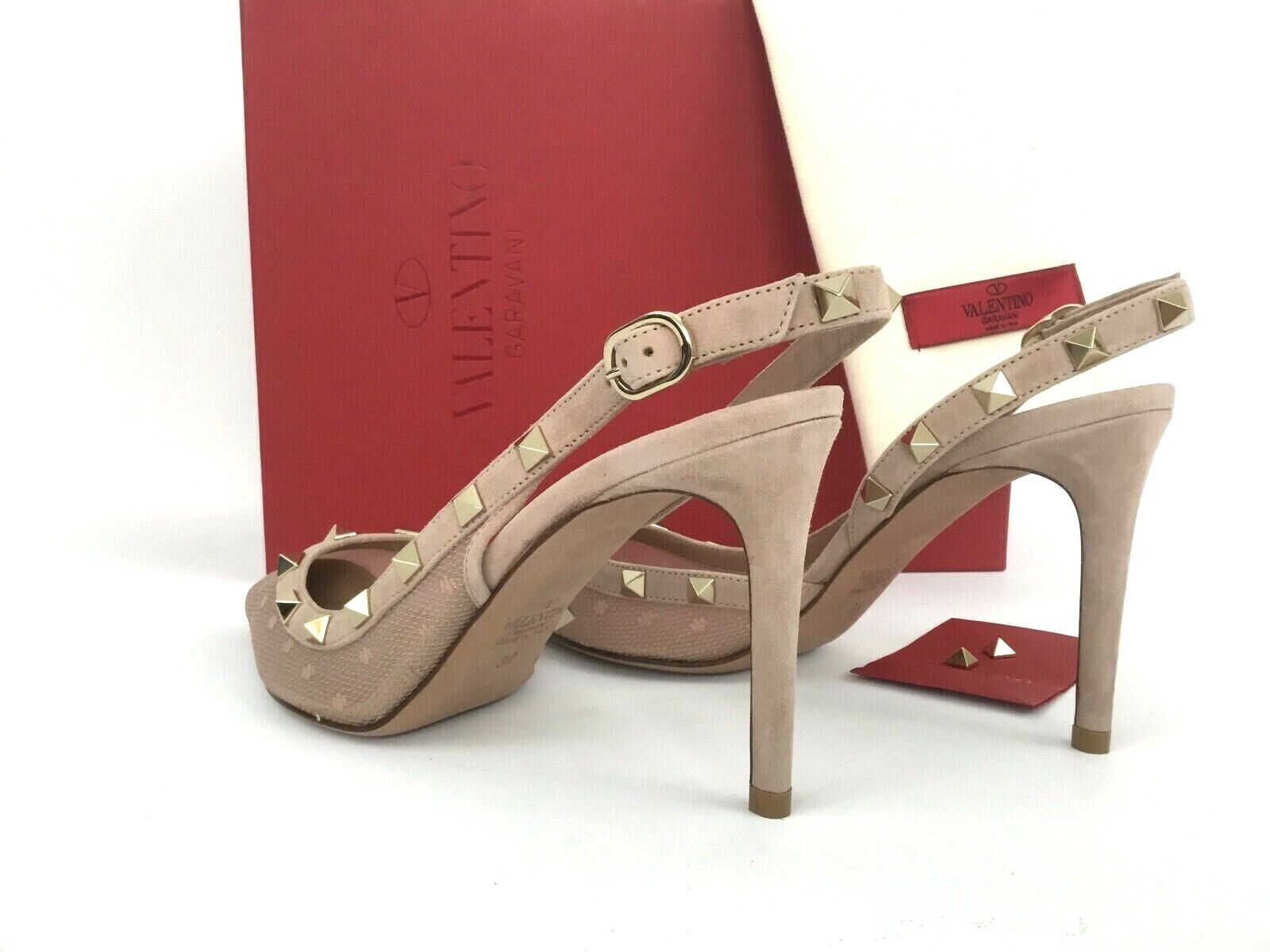 Pre-owned Valentino Garavani Sz.40.5  Rockstud Slingback Pointy Toe Beige Mesh Pump