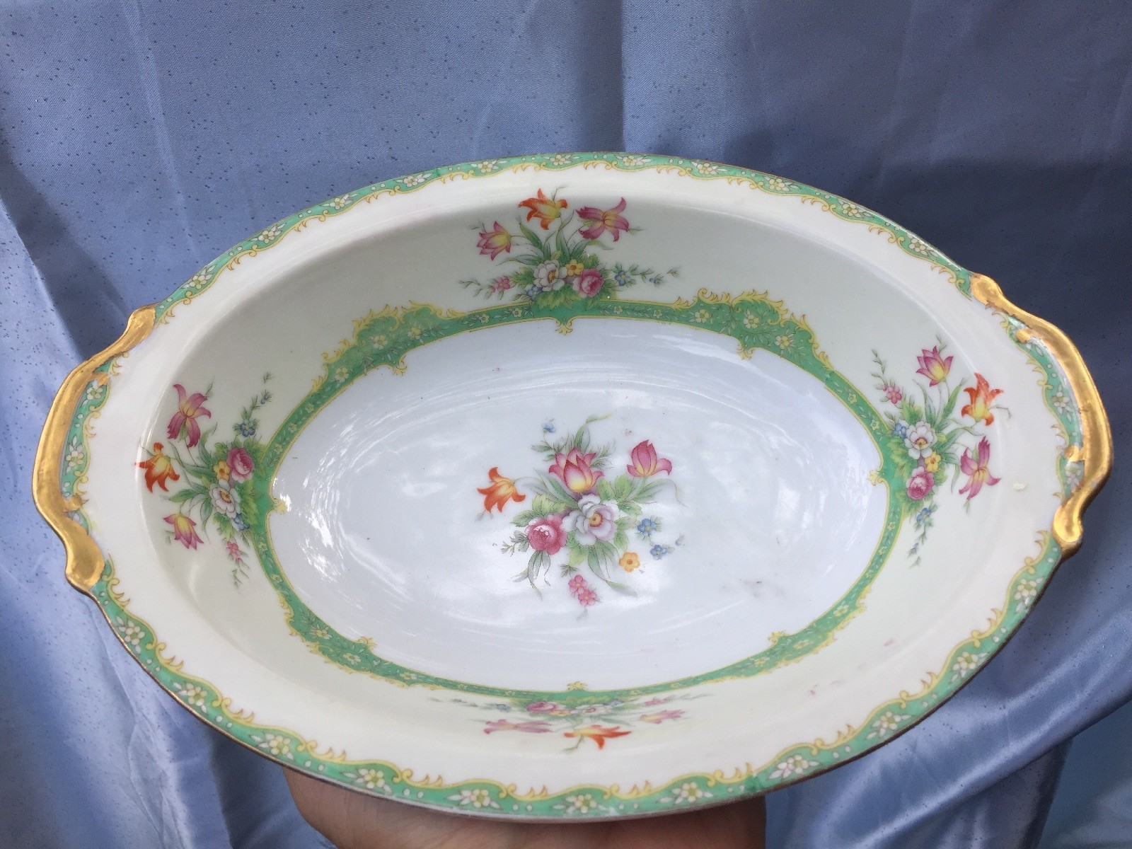 Rare REGAL CHINA OVAL SERVING BOWL French Countr FLOWERS SCROLLS GOLD JAPAN ??j8