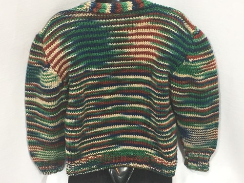 Handknit Striped Kids Button Up Cardigan  Size 4 - 5  Green Red White Yellow