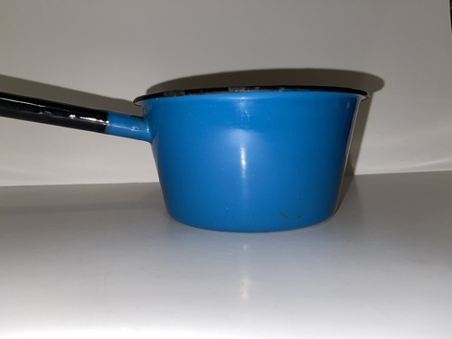 Vintage Huta Silesia Poland Blue Enamel Enamelware Steel Sauce Pan Pot # 16 60s