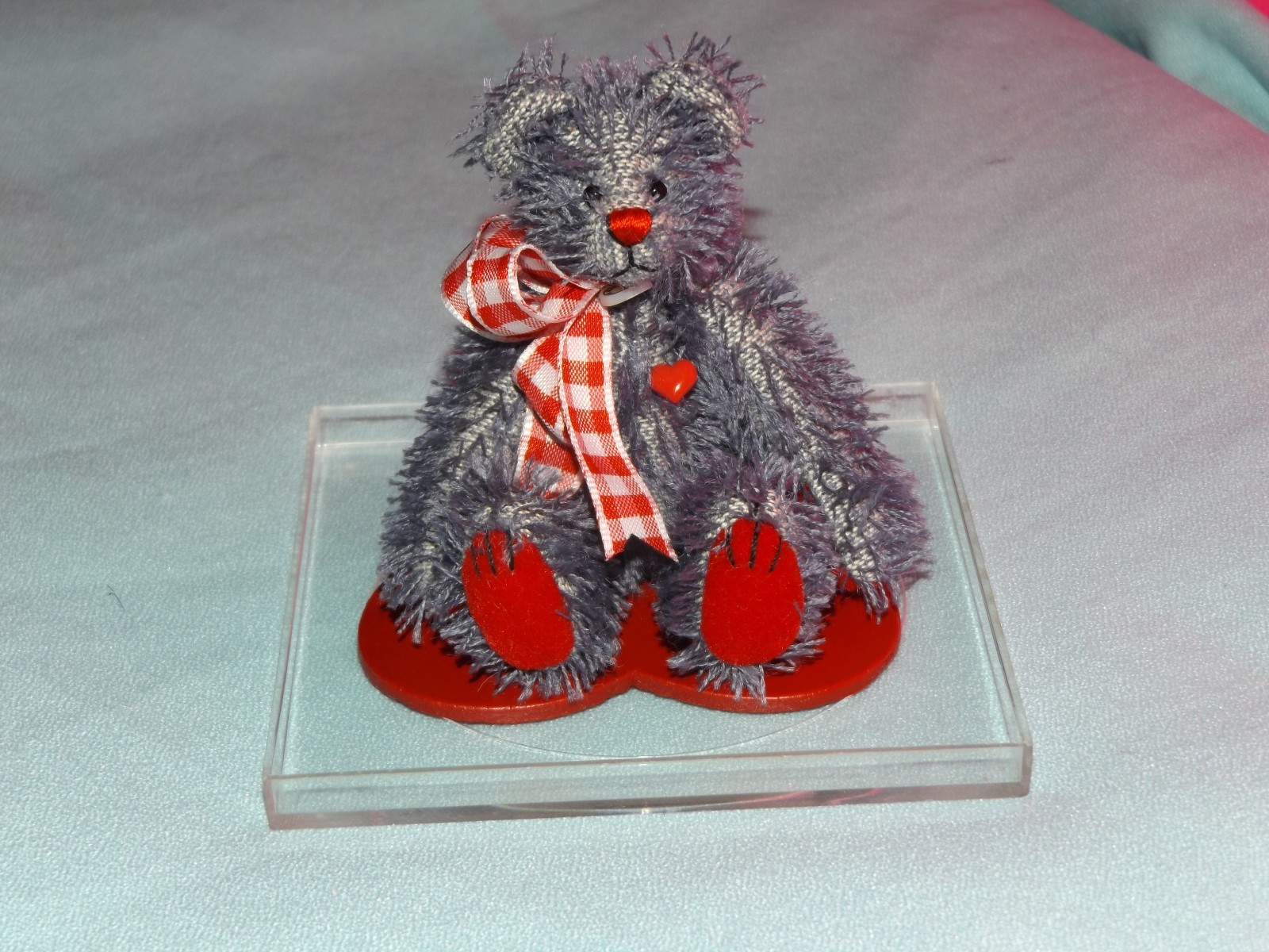 HTF World of Miniature Bears 821 TREADBEAR Denim Color Bear Red White Bow MOHAIR