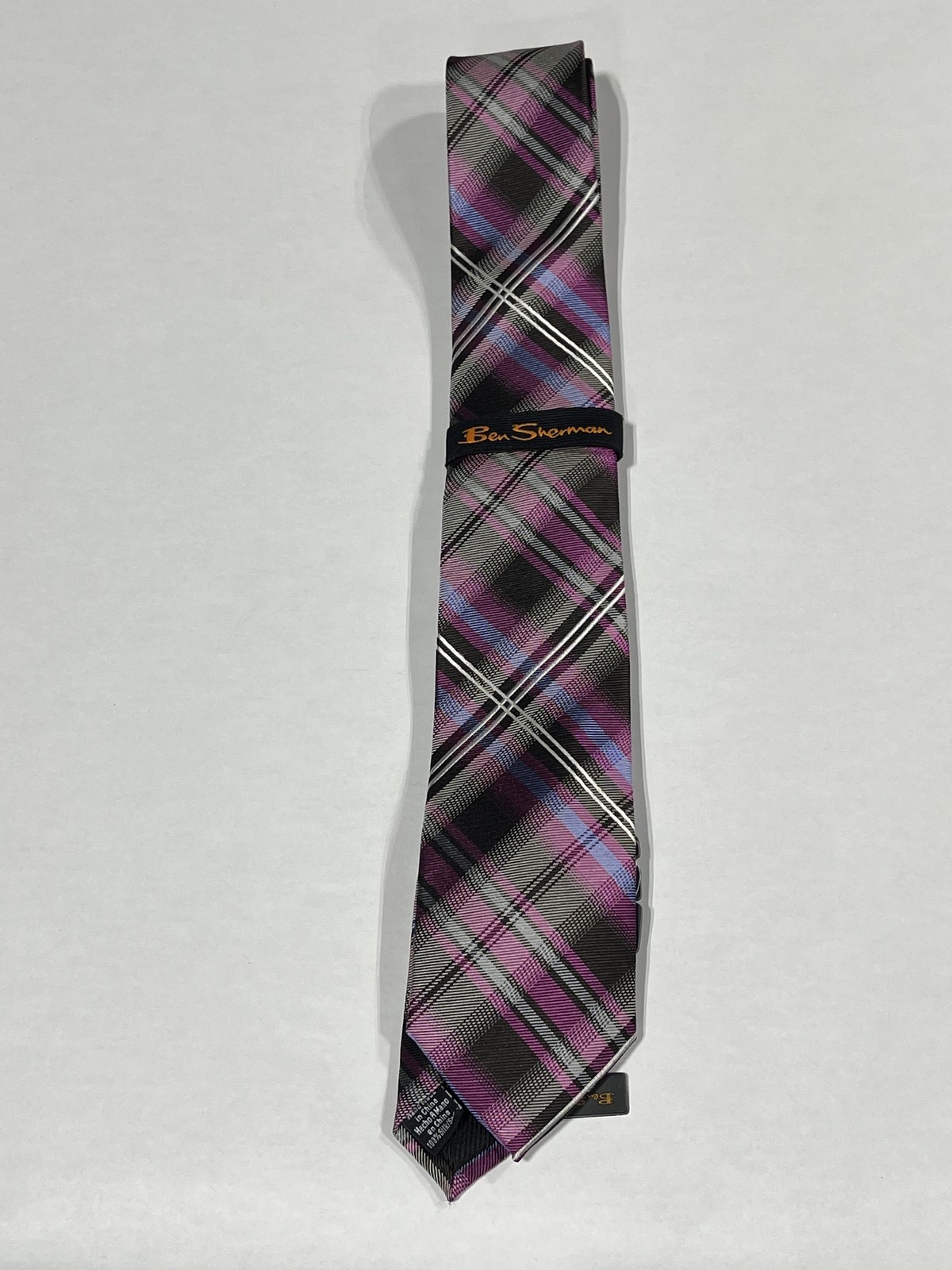 Mens Ben Sherman Black With Purple Plaid Tie NEW
