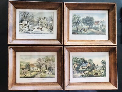 Currier And Ives 4 pc Lithograph Set Wooden Frames Four Seasons ( 10  X 8  )