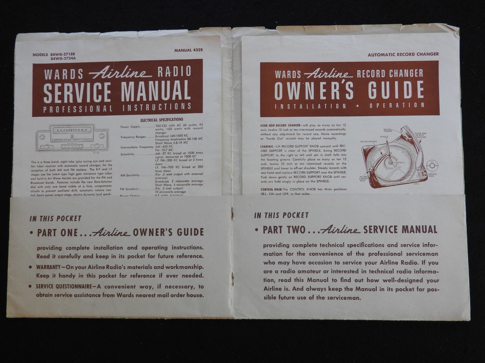 1940's Montgomery Wards Airline Console AM/SW Radio 84WG-2718B 84WG-2724A MANUAL