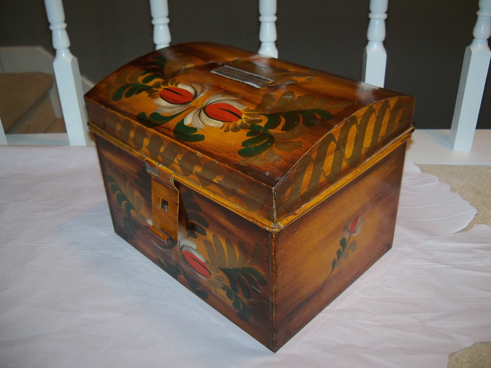 Vintage Toleware Painted Dome Top Document Box Tole Ware Signed Geo Burton