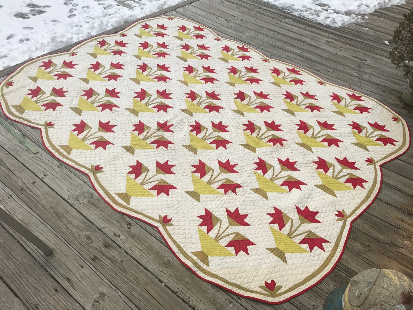 HUGE! Antique Applique Quilt Carolina Lily Green Red Mustard And White Baskets