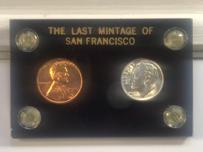 1955 S Brilliant Uncirculated Dime and Penny in Plastic Holder Free Shipping