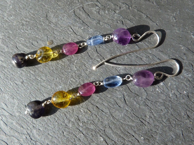 Boucles D'Oreilles Argent,Cyanites,AmÃ©Thystes,Rubis Roses,Citrines,Obsidienne
